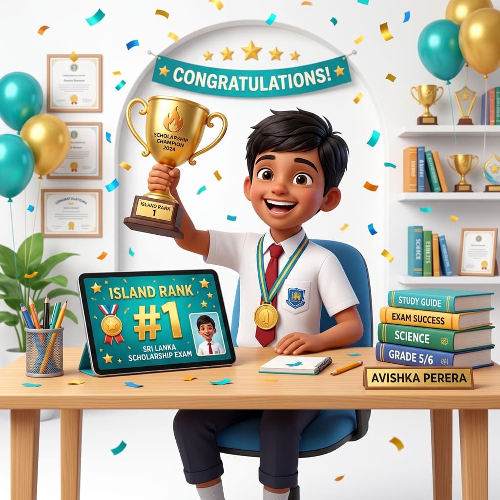 Grade 5 scholarship student celebrating with Island Rank